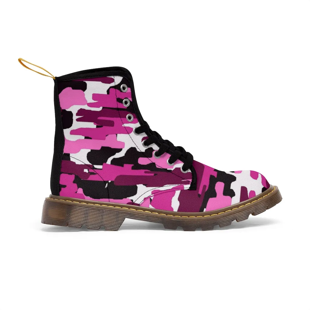 Purple Camo Women's Canvas Boots, Pink Purple Camouflage Military Army Print Winter Boots For Ladies