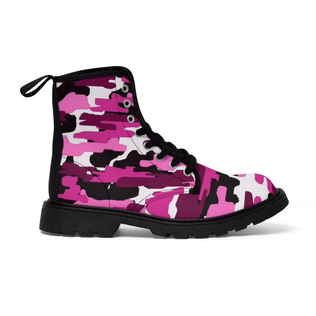 Purple Camo Women's Canvas Boots, Pink Purple Camouflage Military Army Print Winter Boots For Ladies