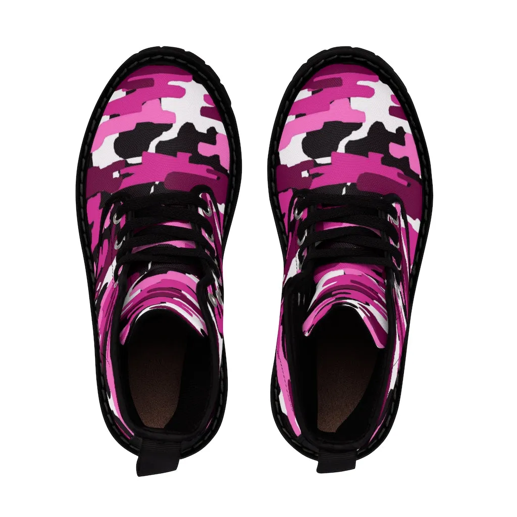 Purple Camo Women's Canvas Boots, Pink Purple Camouflage Military Army Print Winter Boots For Ladies