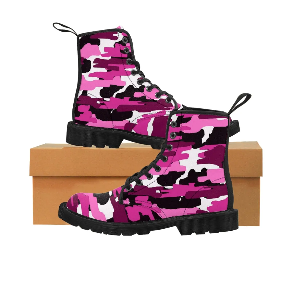 Purple Camo Women's Canvas Boots, Pink Purple Camouflage Military Army Print Winter Boots For Ladies