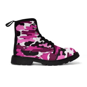 Purple Camo Women's Canvas Boots, Pink Purple Camouflage Military Army Print Winter Boots For Ladies
