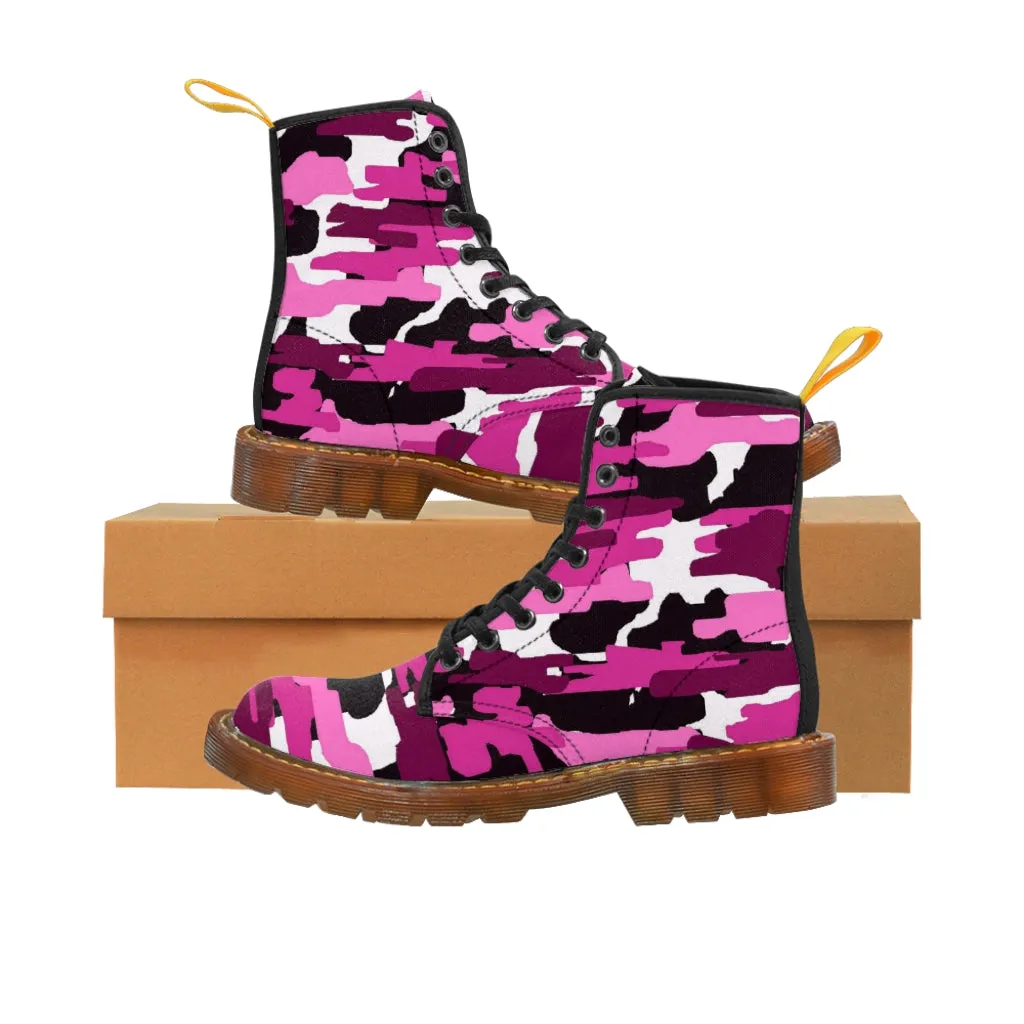 Purple Camo Women's Canvas Boots, Pink Purple Camouflage Military Army Print Winter Boots For Ladies