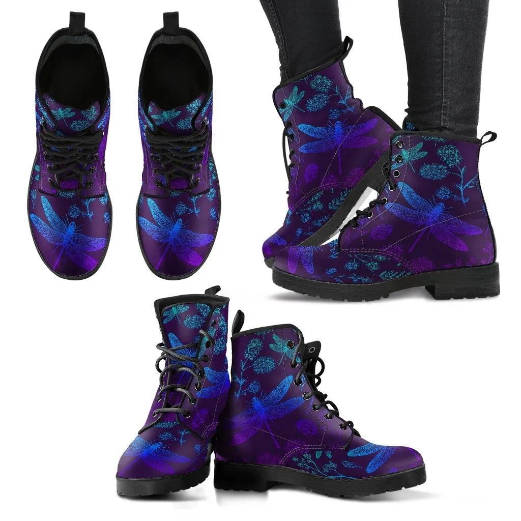 Purples and Blues Dragonfly  Memory Foam Boots | All Season Lace Up Boots | Vegan Leather Combat Boot by Manifestie