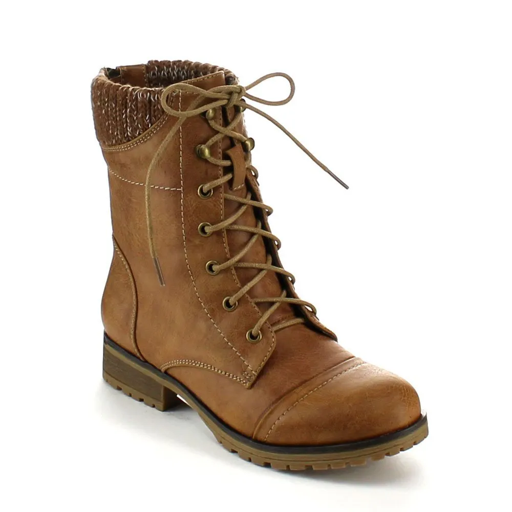 Refresh Women's Sweater Cuff Lace Up Combat Boots