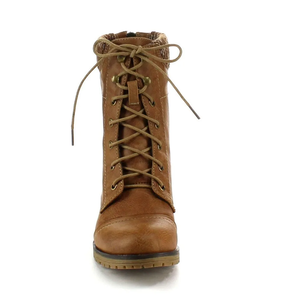 Refresh Women's Sweater Cuff Lace Up Combat Boots