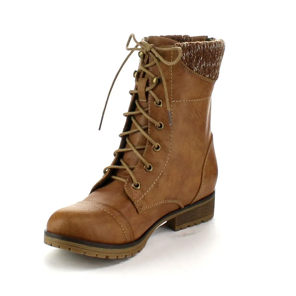 Refresh Women's Sweater Cuff Lace Up Combat Boots