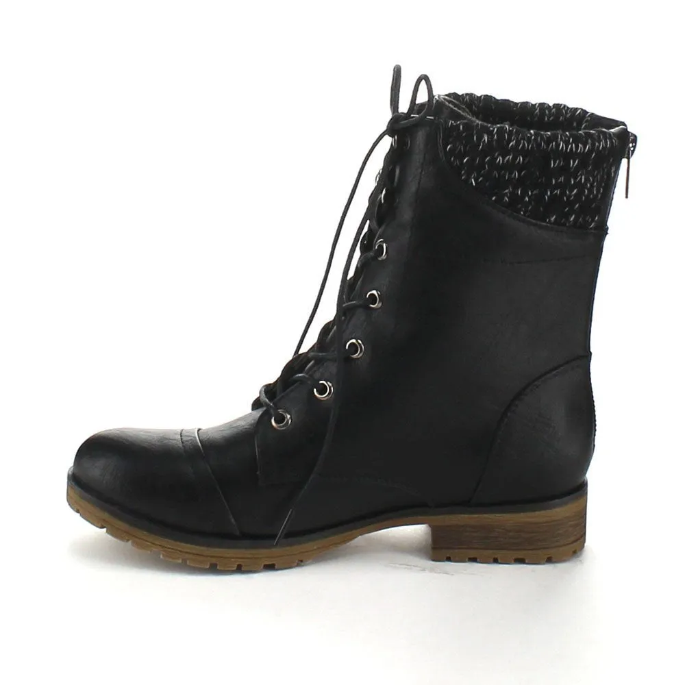 Refresh Women's Sweater Cuff Lace Up Combat Boots