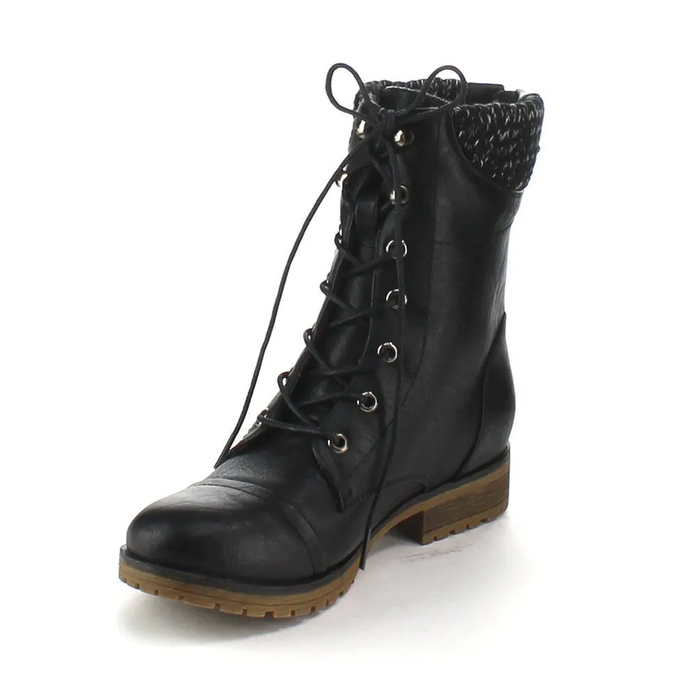 Refresh Women's Sweater Cuff Lace Up Combat Boots