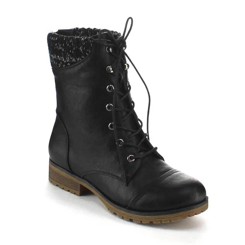 Refresh Women's Sweater Cuff Lace Up Combat Boots
