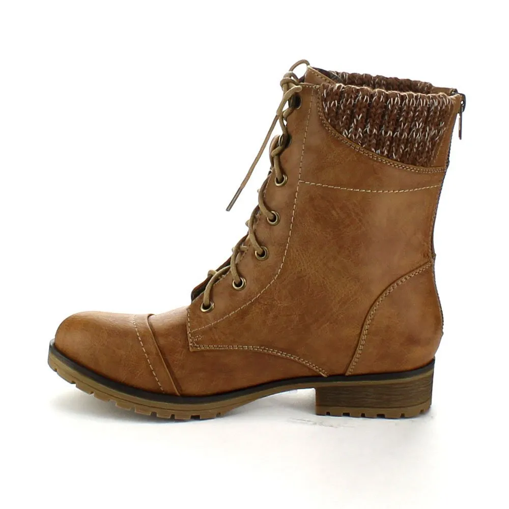 Refresh Women's Sweater Cuff Lace Up Combat Boots
