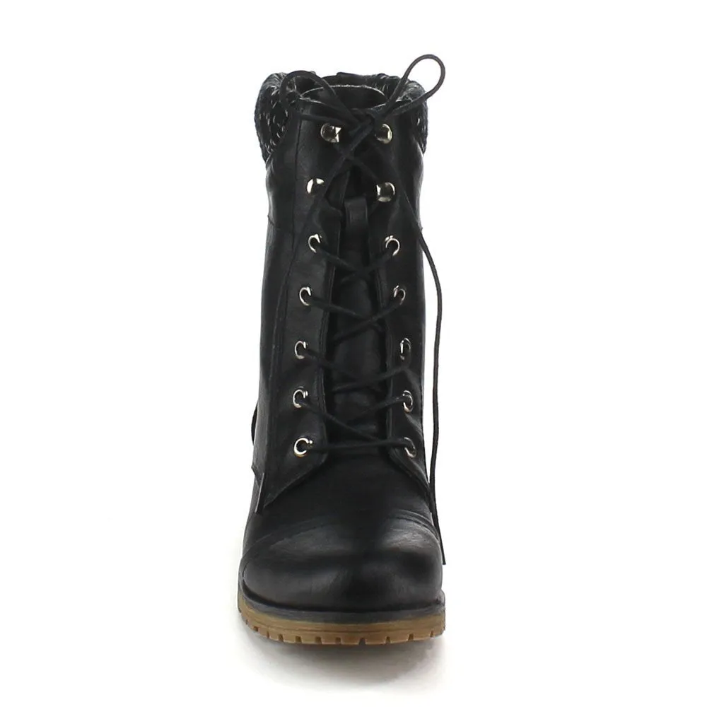 Refresh Women's Sweater Cuff Lace Up Combat Boots