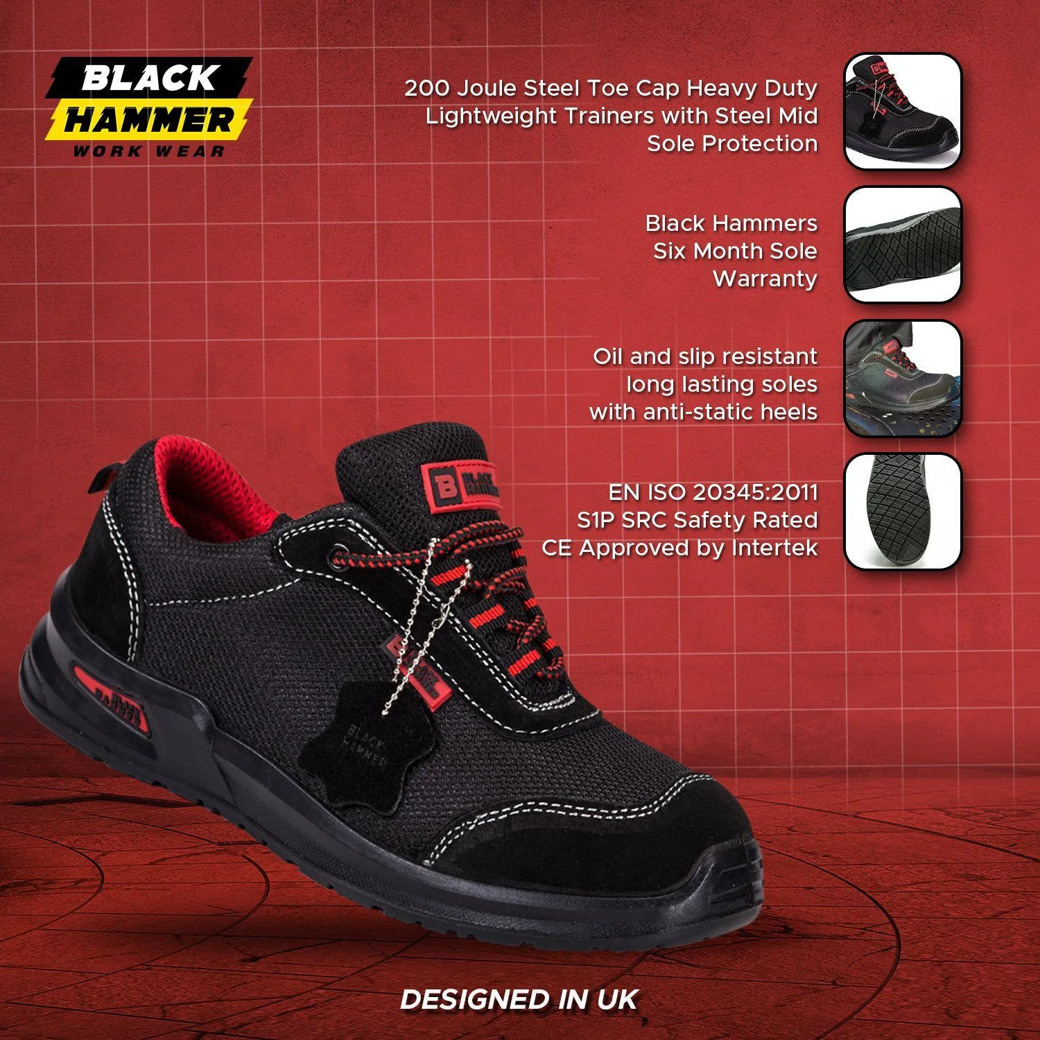 Safety Steel Toe Cap Trainers with Steel Midsole Shoe | Black Hammer Safety Shoes 4482