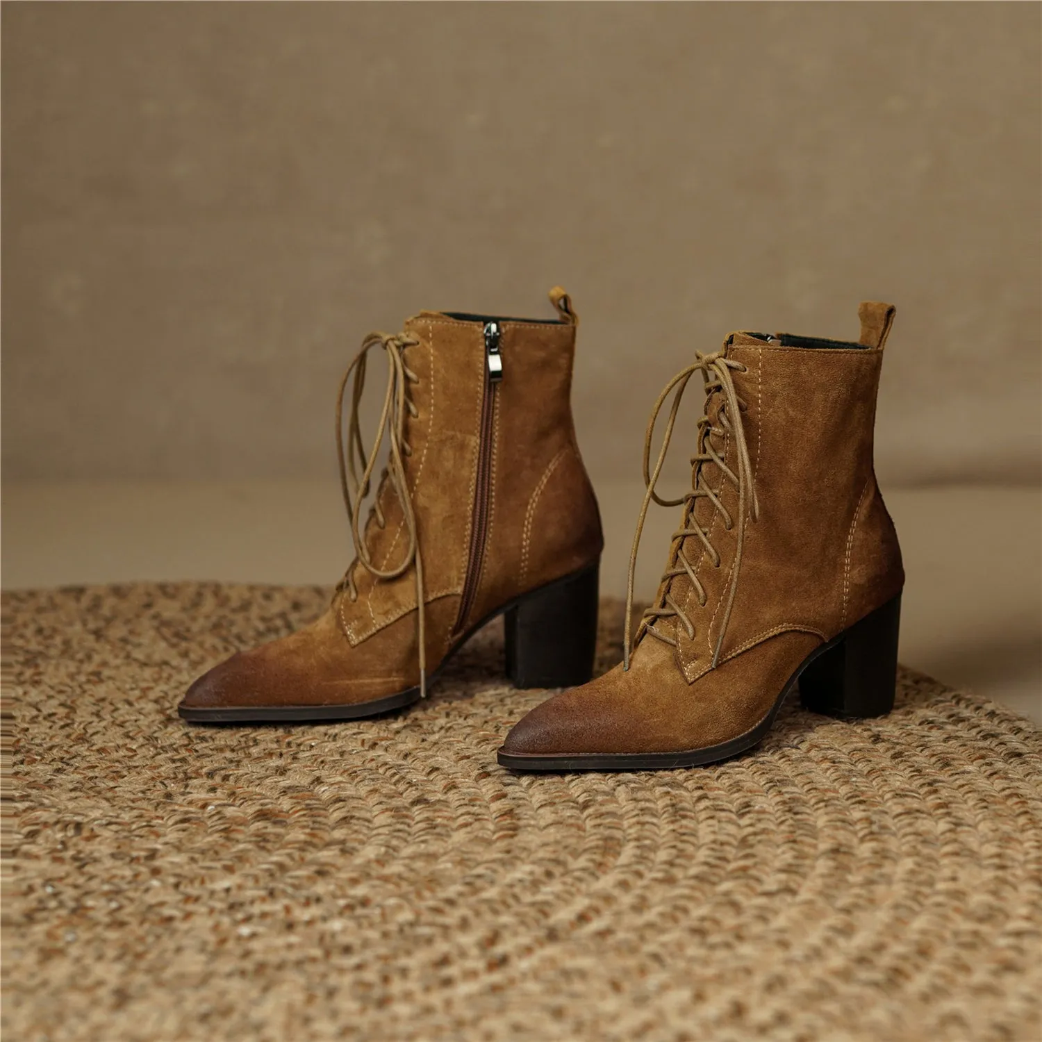 TinaCus Handmade Women's Suede Leather Lace Up Pointed Toe Mid Chunky Heel Combat Boots Boots