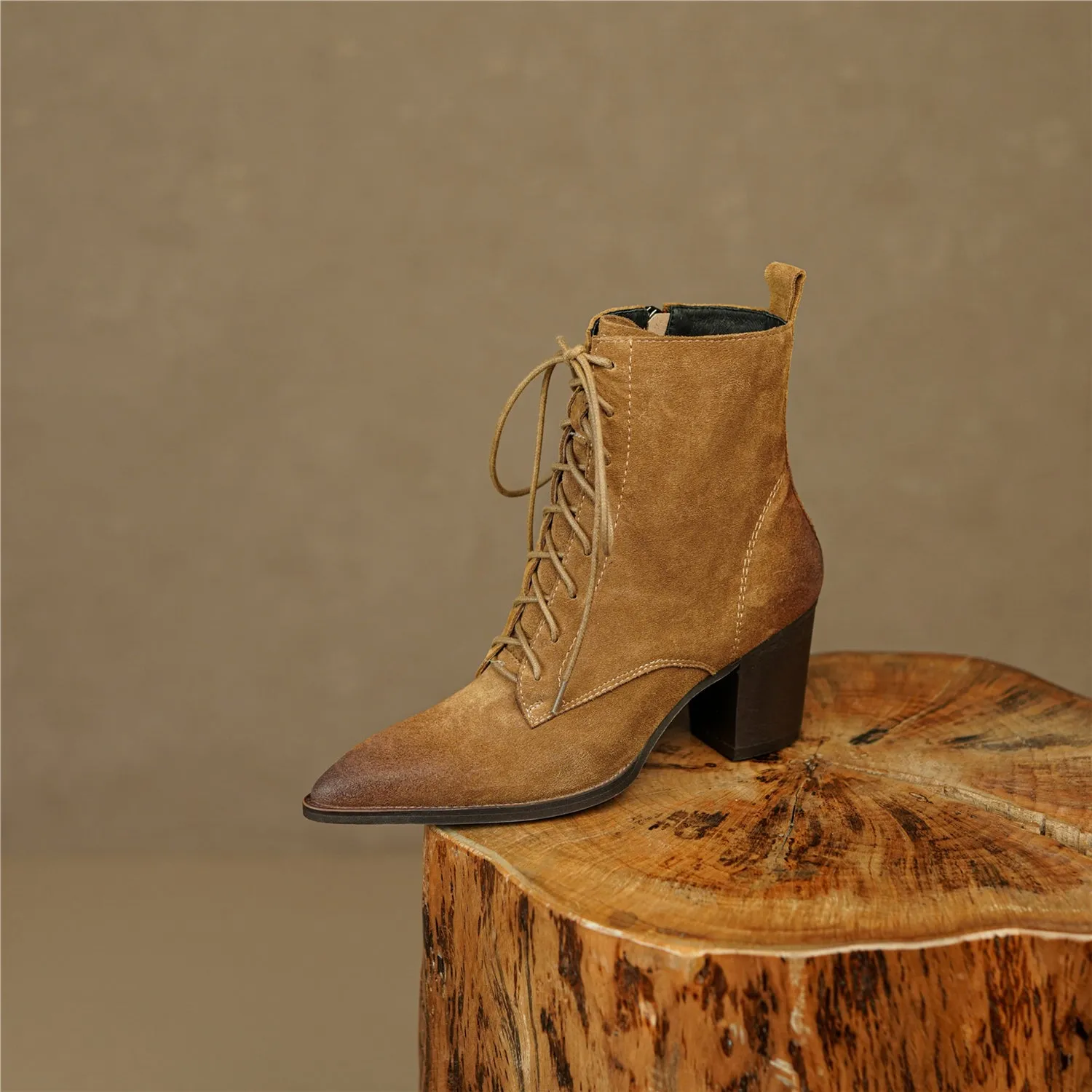 TinaCus Handmade Women's Suede Leather Lace Up Pointed Toe Mid Chunky Heel Combat Boots Boots