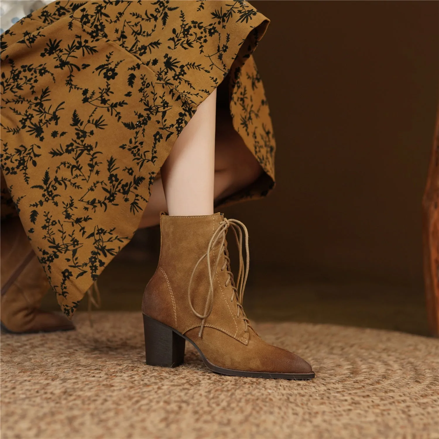 TinaCus Handmade Women's Suede Leather Lace Up Pointed Toe Mid Chunky Heel Combat Boots Boots