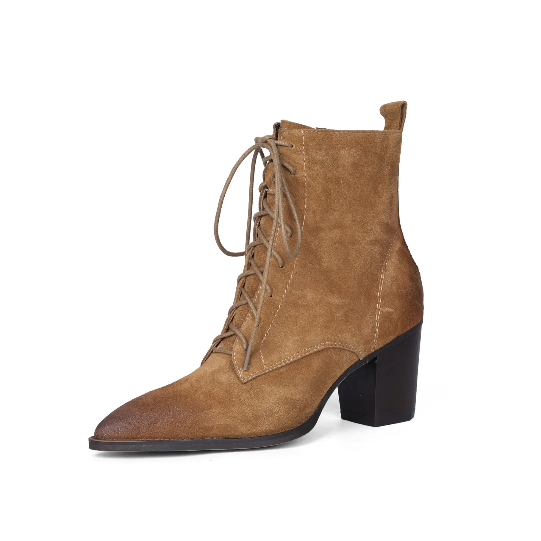 TinaCus Handmade Women's Suede Leather Lace Up Pointed Toe Mid Chunky Heel Combat Boots Boots