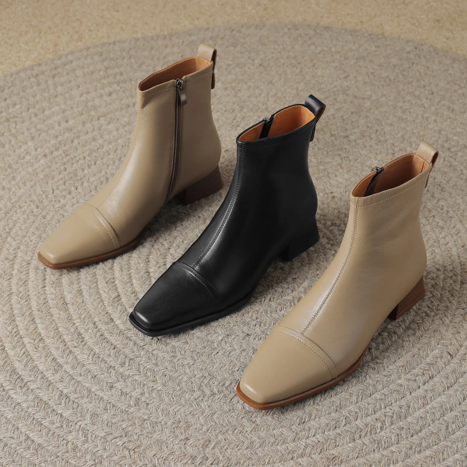 TinaCus Women's Handmade Genuine Leather Block Heel Side Zip Up Square Toe Ankle Boots