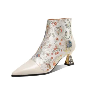 TinaCus Women's Handmade Genuine Leather Embroidered Flowers Crystal Heel Side Zip Ankle Boots