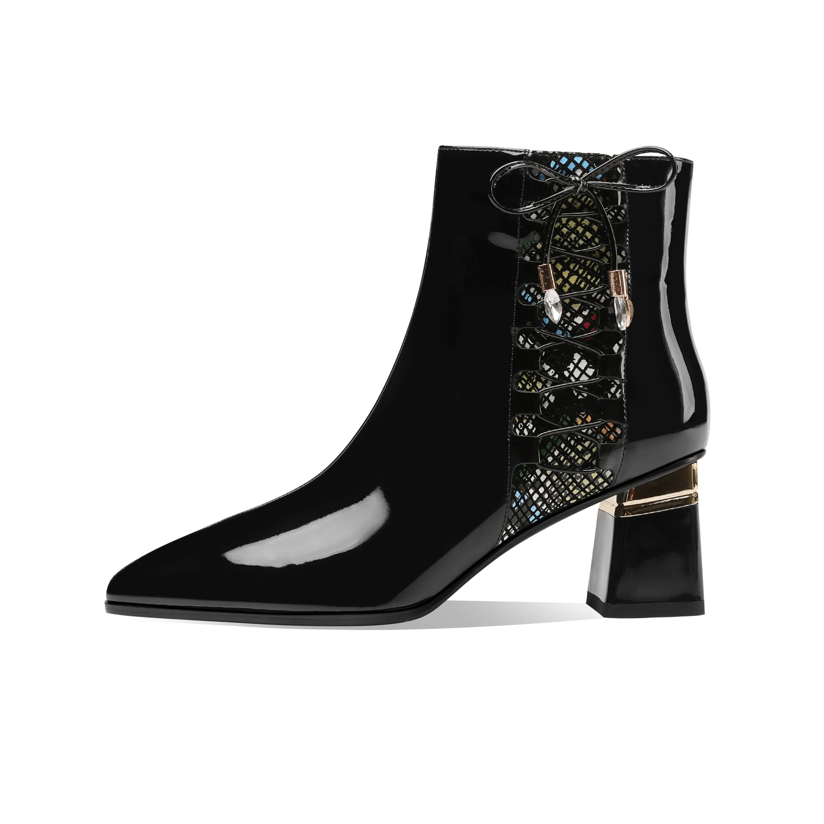 TinaCus Women's Handmade Patent Leather Side Zip Up Cute Bowtie Chunky Heel Black Ankle Boots