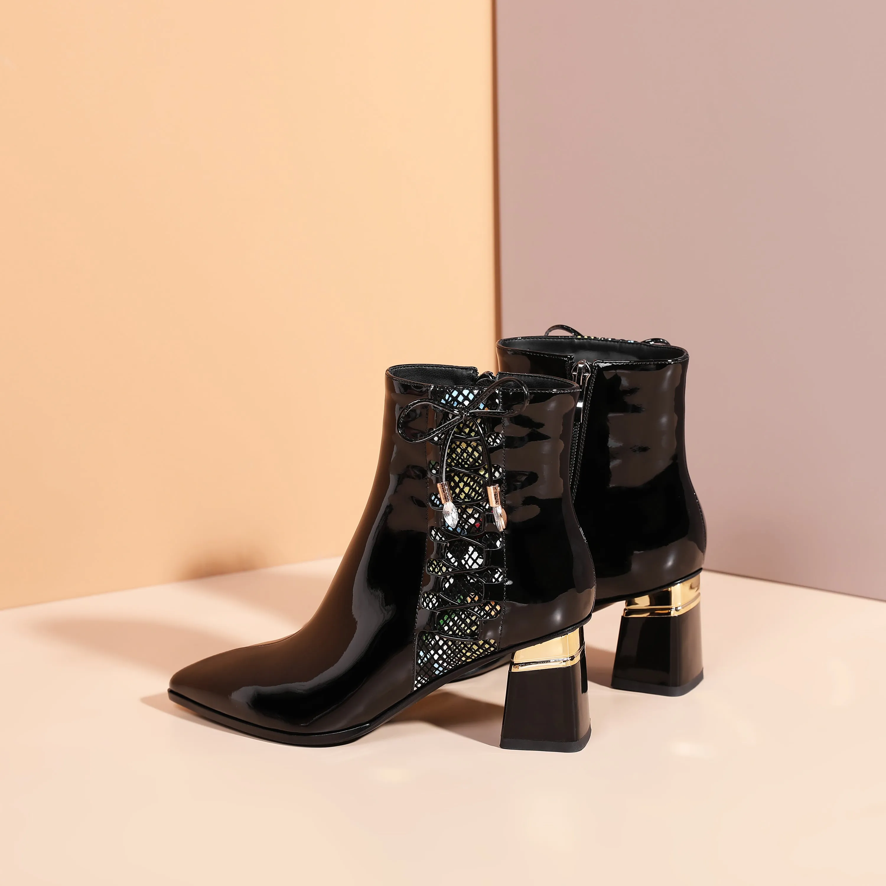 TinaCus Women's Handmade Patent Leather Side Zip Up Cute Bowtie Chunky Heel Black Ankle Boots