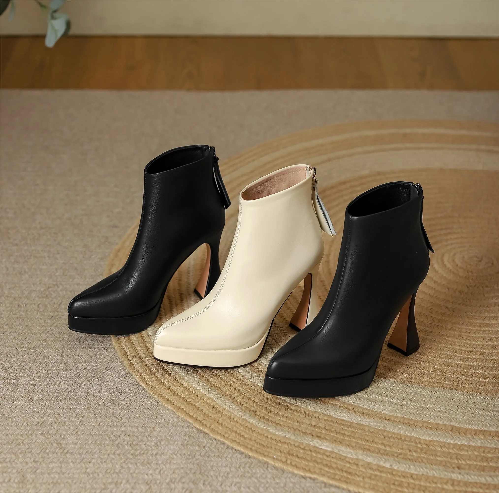 TinaCus Women's Pointed Toe Genuine Leather Handmade Back Zipper High Spool Heels Ankle Boots with Platform
