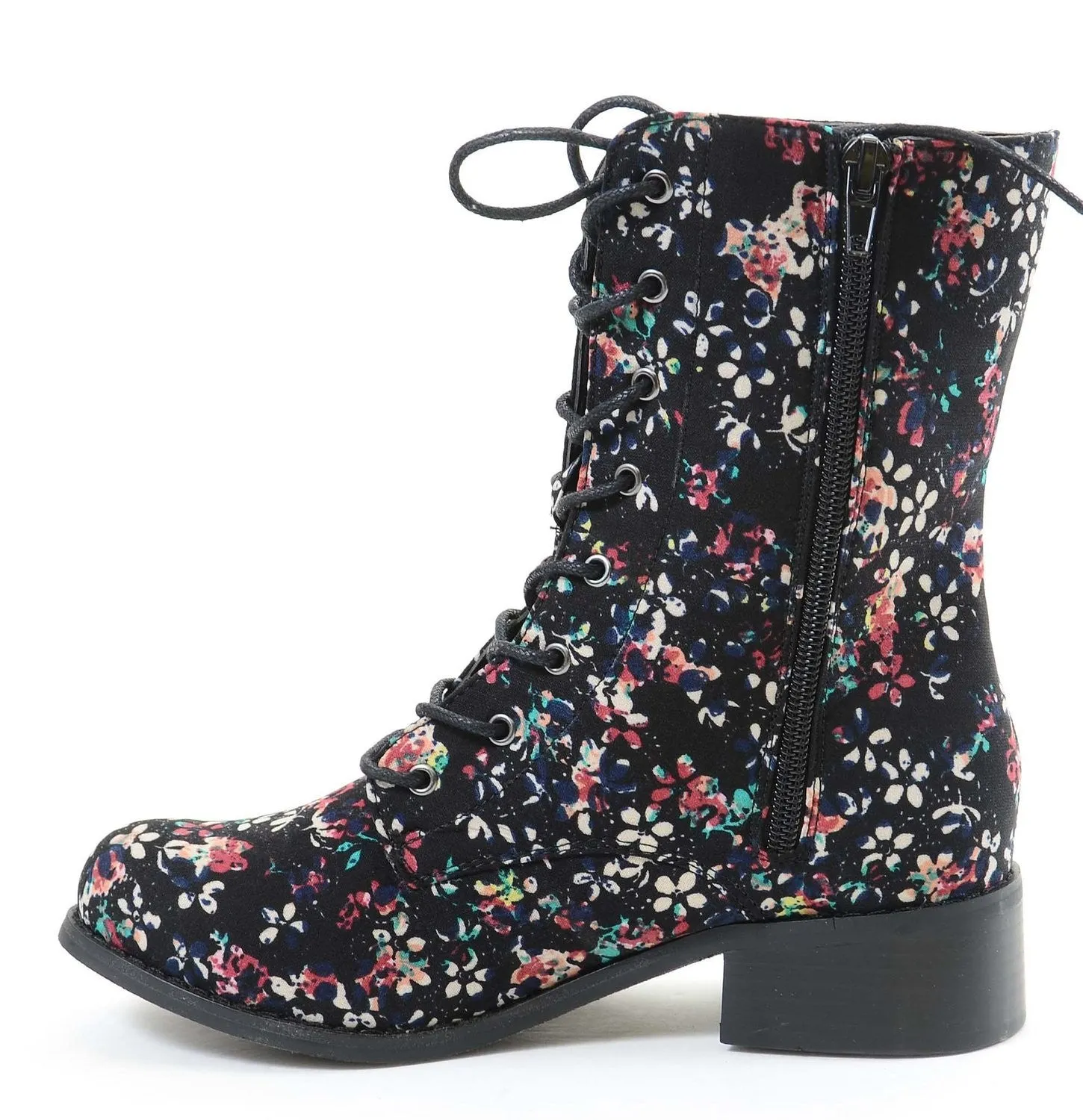 Victorian Floral Black Lace Up Mid-calf Vegan Boots Black Women's