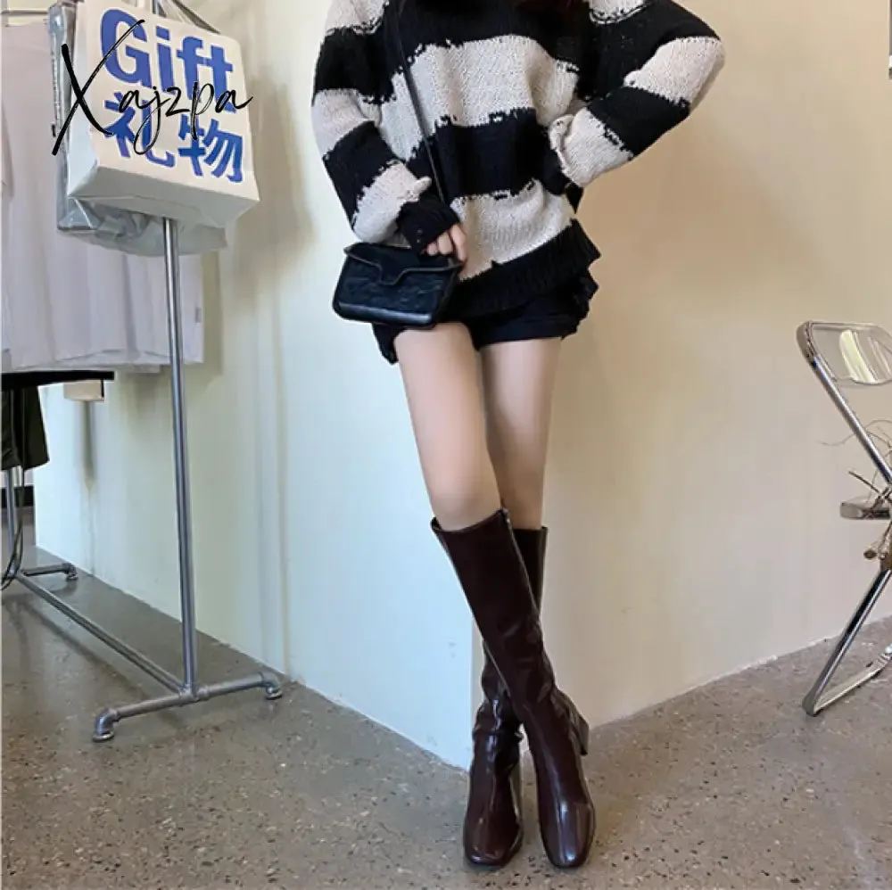 Xajzpa - Boots Flat Platform Boots-women Women's Rubber Shoes Rain Sexy Thigh High Heels High Sexy Luxury Designer Round Toe Booties